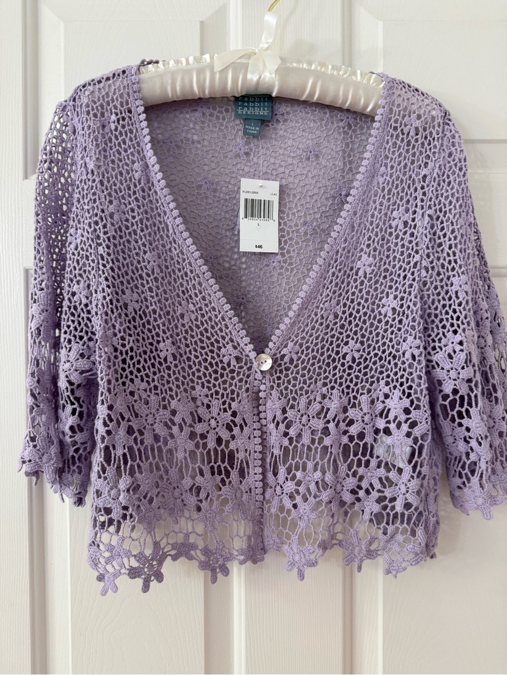 💜Rabbit Rabbit Rabbit Designs Lilac Crochet Cardigan Bolero Open Knit Button NWT